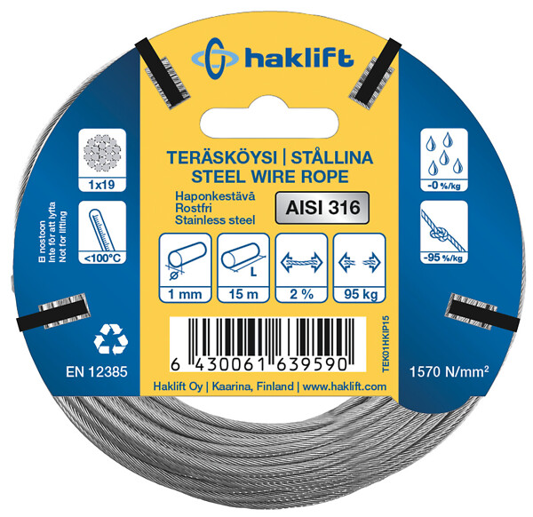Steel wire rope 1.0mm 19-L AISI 316 HL TEK01HKIP15 15.0m