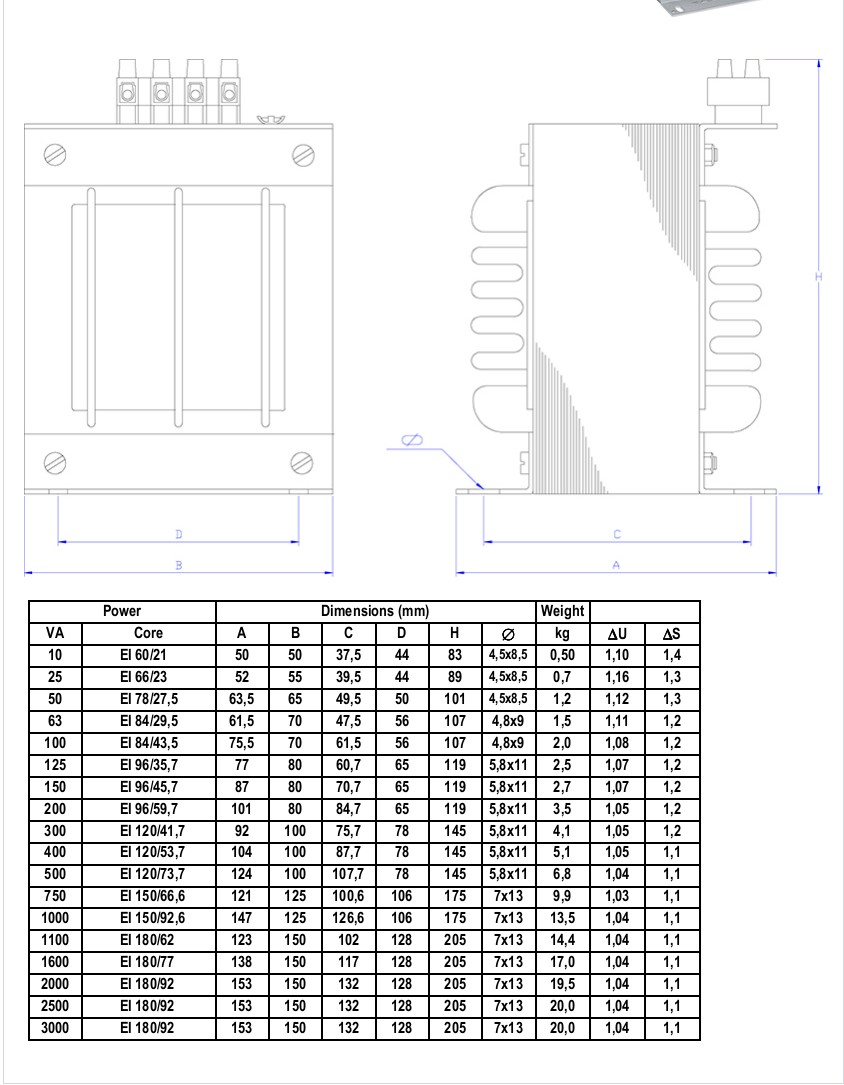 Transformer vertical model 100VA 440/230V 50/60Hz
